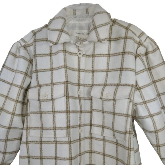 Treasure and Bond Button Up Shacket Jacket Women Size L Cream Tan Plaid Long Slv - Picture 2 of 10